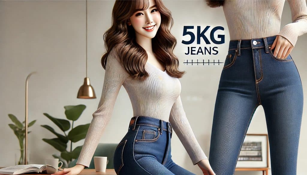 A woman confidently showcases Chuu's 5kg Jeans in blue skinny jeans and chic top.