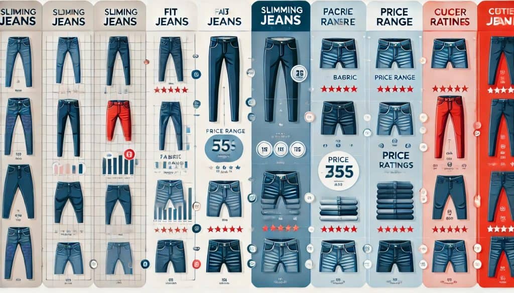 Comparison chart of slimming jeans brands with fit, fabric, price, and ratings, using color schemes.