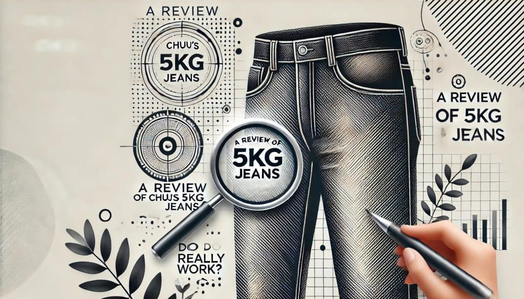 A featured image for a blog post titled "A Review of Chuu's 5kg Jeans: Do They Really Work?" showing a pair of jeans, with a magnifying glass and checkmark, on a clean, minimalist background.