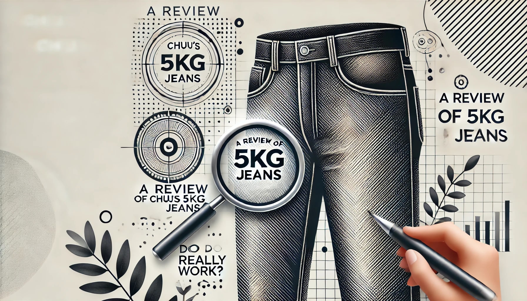 Featured image for blog post "Chuu's 5kg Jeans Review" showing jeans, magnifying glass, and checkmark.