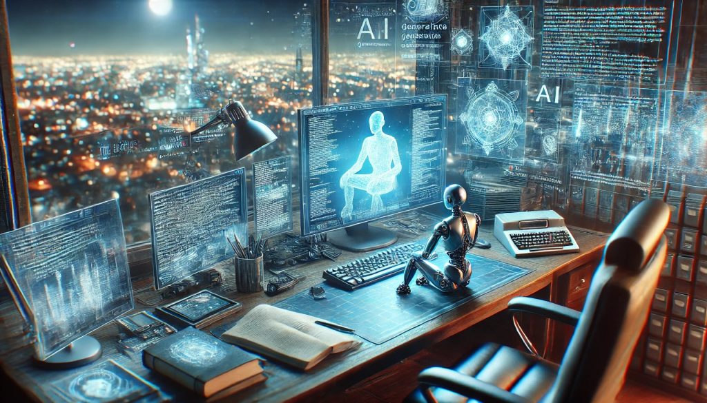 A hyper-detailed digital painting of a futuristic writer's desk illuminated by a soft blue glow from multiple screens displaying AI-generated text. The desk is cluttered with high-tech gadgets, holographic displays, and a small robot AI assistant. The background shows a night cityscape blending nature and technology, with soft, diffused lighting and sharp details in vivid colors.