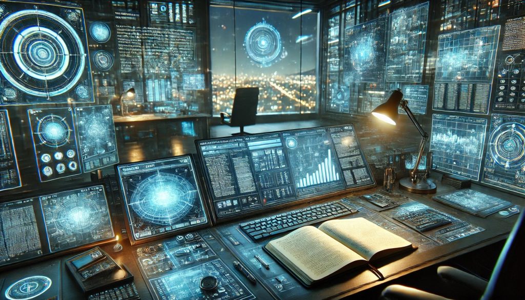 A hyper-detailed digital painting of a futuristic writer's desk with a soft blue glow from multiple screens displaying AI-generated text. The desk is cluttered with high-tech gadgets, holographic displays, and an open notebook. The background features a dimly lit, sleek office with a large window overlooking a nighttime cityscape.