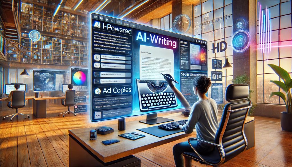 A hyper-detailed digital painting of a writer using an AI-powered writing tool on a modern computer. The screen displays various writing templates for ad copies, social media posts, and emails. The background shows a well-lit, modern office with a large window overlooking a cityscape. The scene is vibrant and dynamic, with a professional yet creative atmosphere.