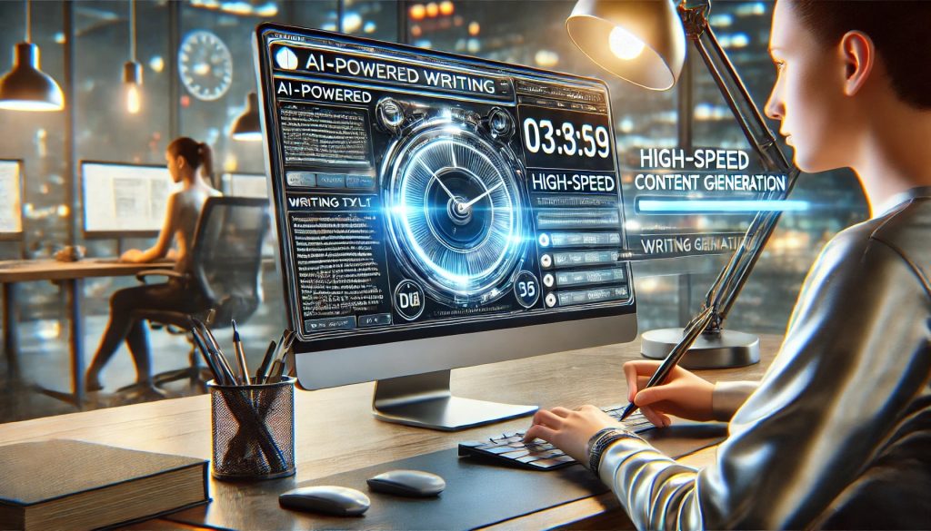 A hyper-detailed digital painting of a content creator using an AI-powered writing tool on a sleek, modern computer. The interface shows the tool generating high-quality text rapidly, with various sections for different writing styles and templates. The background features a busy, high-tech office with a digital clock displaying a countdown, emphasizing the tight deadline. Dynamic lighting highlights the efficiency and speed of the tool.