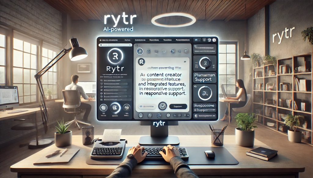 A hyper-detailed digital painting of a content creator using Rytr, an AI-powered writing tool, on a sleek, modern computer. The scene features a cozy, modern office with soft ambient lighting, and a customer support representative visible on a secondary screen.