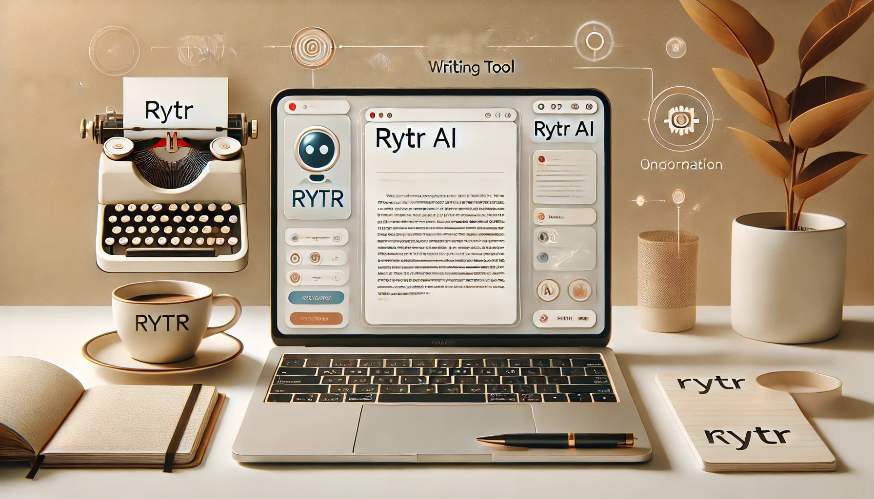 A professional workspace featuring a laptop displaying the Rytr AI writing tool interface, with a cup of coffee, notebook, and pen nearby. The scene is well-lit with a modern and minimalistic design.