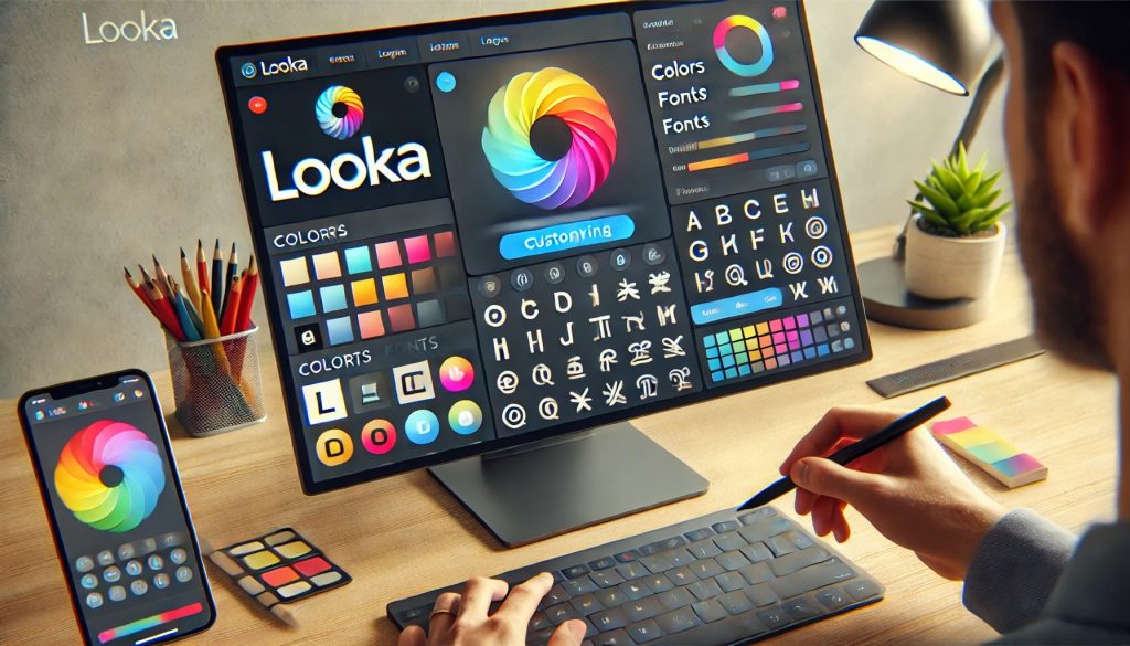 A user interface on Looka showing logo customization with options to change colors, fonts, and symbols. The screen displays a color palette on the left, fonts on the right, and the logo being edited in the center. The design is sleek and intuitive, with bright, detailed UI elements.