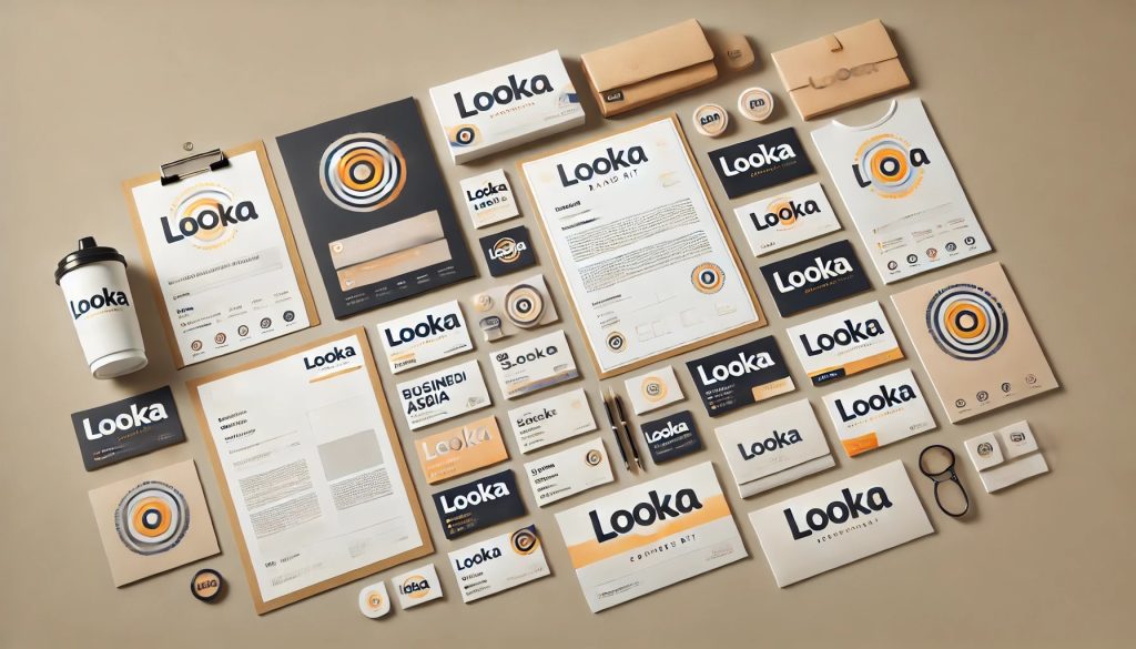 A Looka brand kit presentation displayed in a 16x9 layout, featuring business cards, social media assets, and letterheads with a cohesive design centered around Looka's logo. The layout is clean, organized, and professional, showcasing the logo's versatility across various mediums with bright and modern colors.