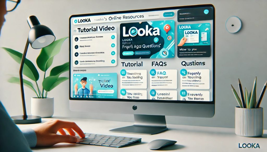 A user interacts with Looka's online resources on a computer screen featuring a clean, modern interface with a tutorial video on one side and a list of FAQs on the other. The design is bright and engaging with easy-to-read text.