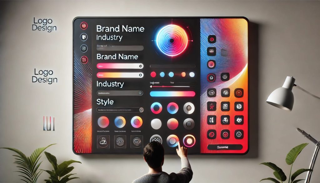 A user interacts with a sleek and modern logo design interface on a wide screen, featuring a minimalist layout with a vibrant, colorful questionnaire asking for brand name, industry, and style preferences. The interface is polished, with smooth UI elements and an intuitive design.