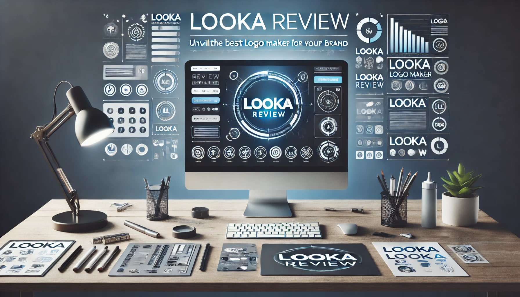 A digital workspace showcasing a Looka logo design interface on a computer screen, surrounded by design tools and sketches. The image includes the text "Looka Review" and "Unveiling the Best Logo Maker for Your Brand" in a sleek, modern design.