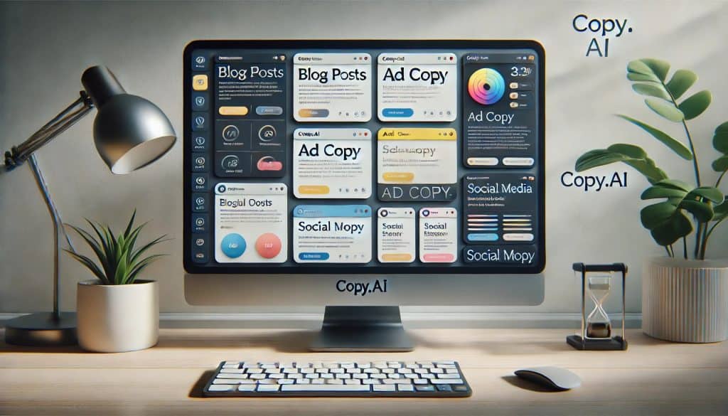 A sleek computer screen displaying Copy.ai's user interface, showcasing a variety of templates for blog posts, ad copy, and social media updates, with a clean and modern design.