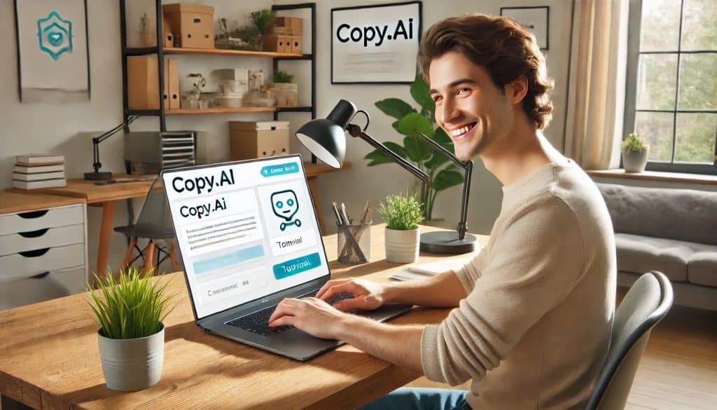 A person smiles while using Copy.ai's interface on a laptop in a modern home office. A tutorial screen is open next to the main interface, guiding the user. The room is bright and neatly decorated with plants and minimalist furniture.