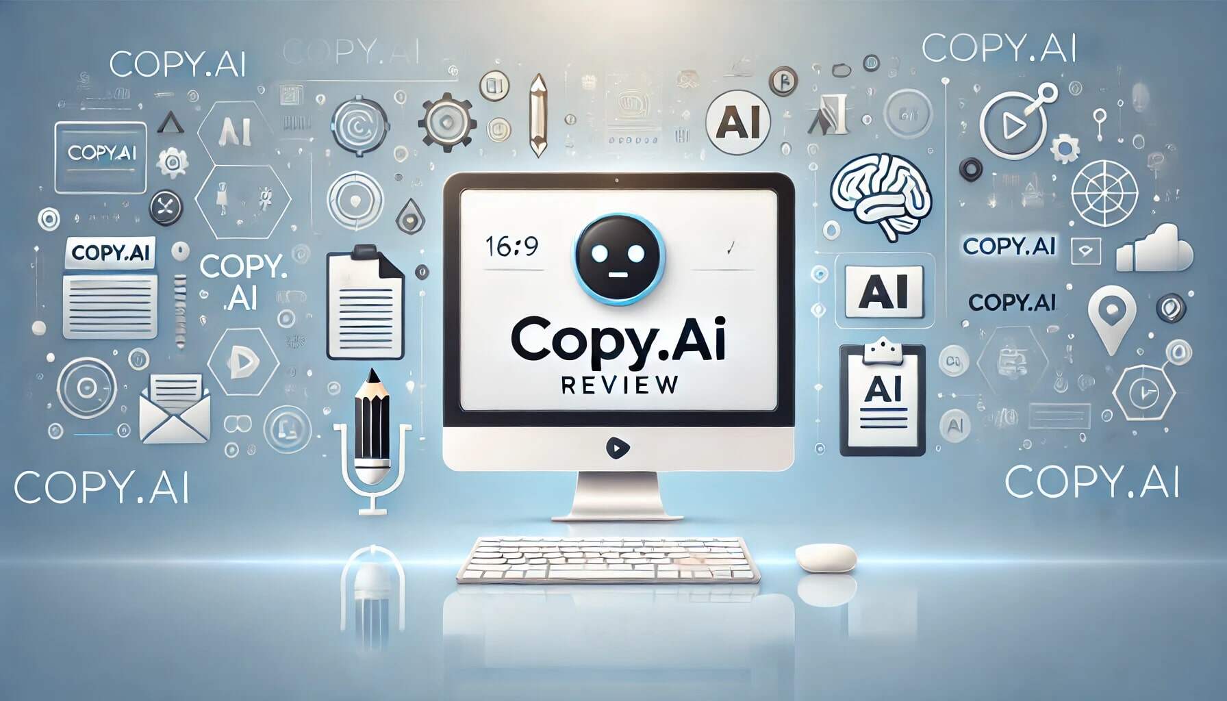 A sleek 16:9 image with a light blue and white gradient background, featuring a computer screen displaying the Copy.ai logo. Surrounding the screen are floating icons of a pencil, document, and brain, symbolizing writing, AI, and creativity. A banner at the bottom reads "Copy.ai Review" in bold, clean font. The overall design is modern and tech-savvy.