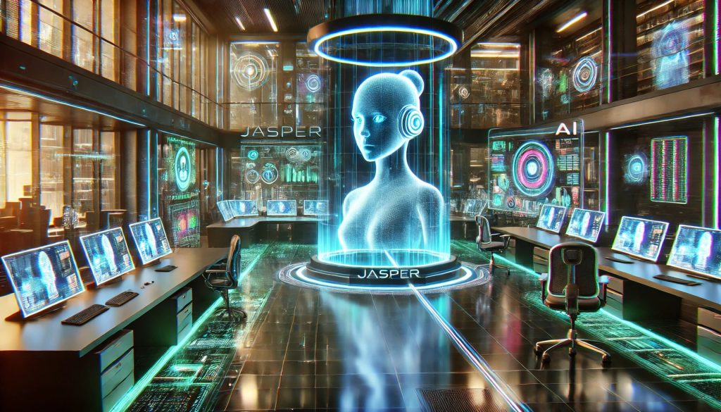 A futuristic office scene with a Jasper AI hologram assistant at the center, surrounded by sleek, high-tech devices and multiple screens. The background is an advanced AI control center filled with vibrant, glowing holographic interfaces. The environment is illuminated by bright neon lights in cool blue and green hues, with data streams reflected in the air. The design is cyberpunk-inspired with hyper-realistic rendering, detailed textures, and dynamic lighting, all set within futuristic architecture.