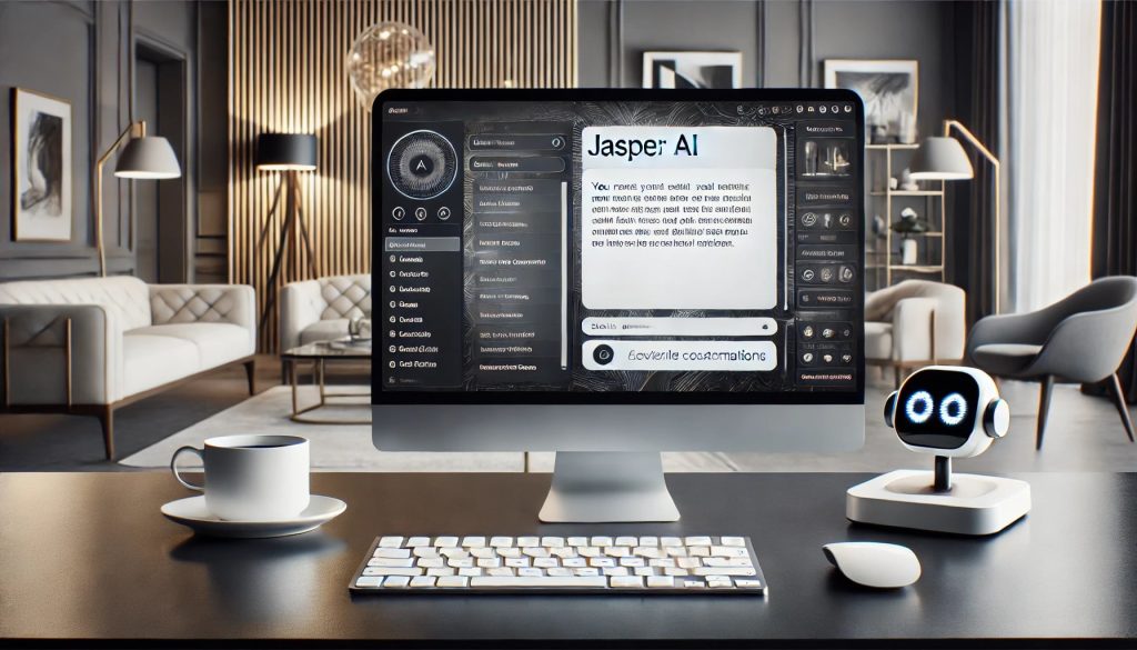 Jasper AI generating a blog post on a sleek digital interface, with customization options visible on the side panel in a modern, professional workspace.