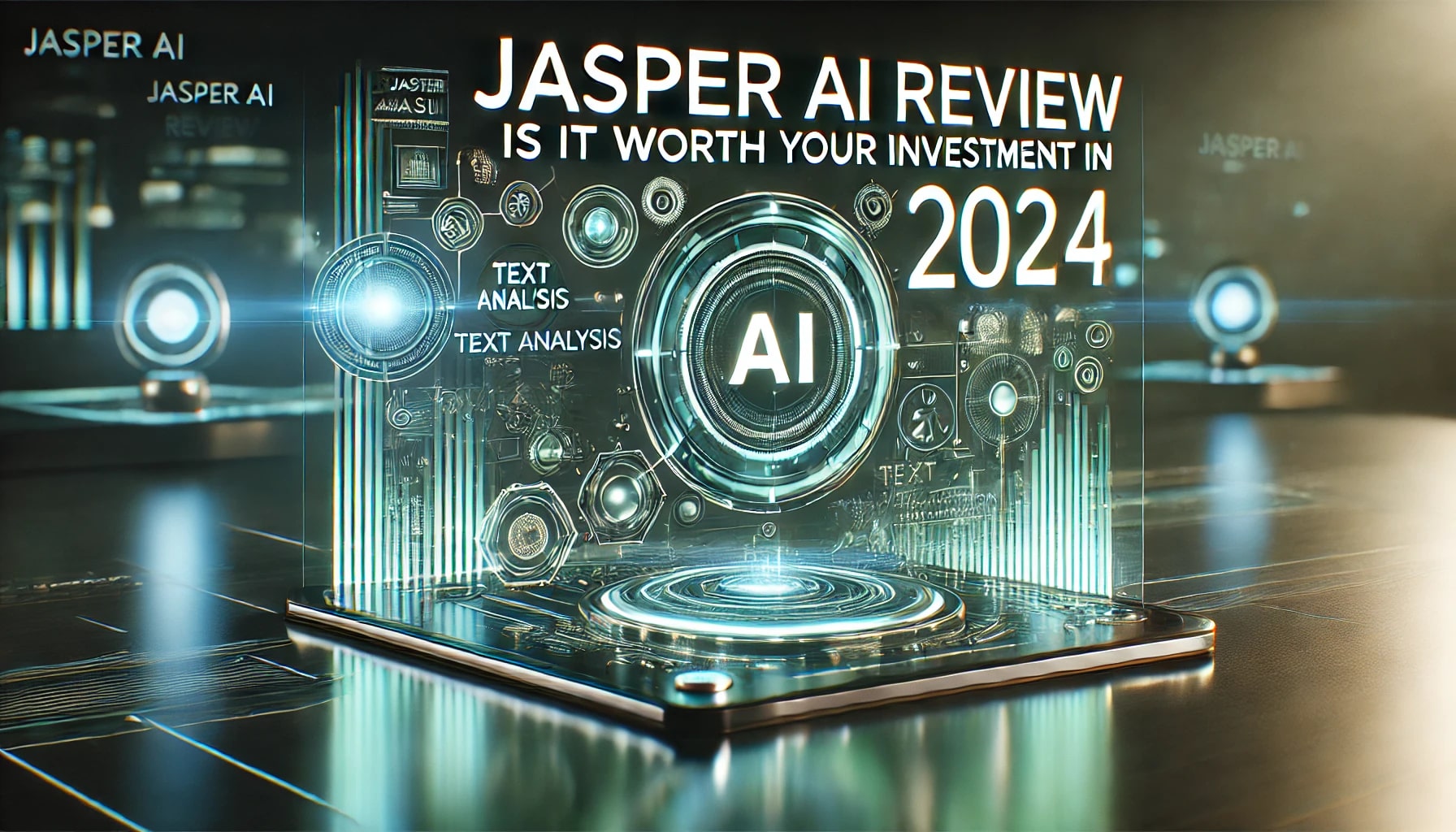 Futuristic dashboard with AI elements showcasing a 2024 Jasper AI review, focusing on investment value.