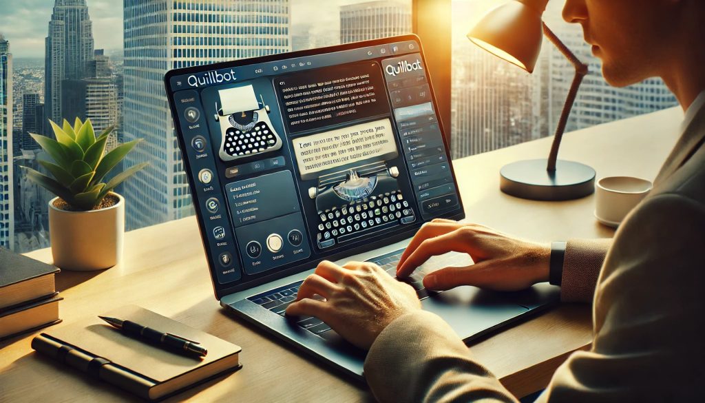 A professional writer using QuillBot on a sleek laptop in a modern, minimalistic workspace with a cityscape visible through a large window.