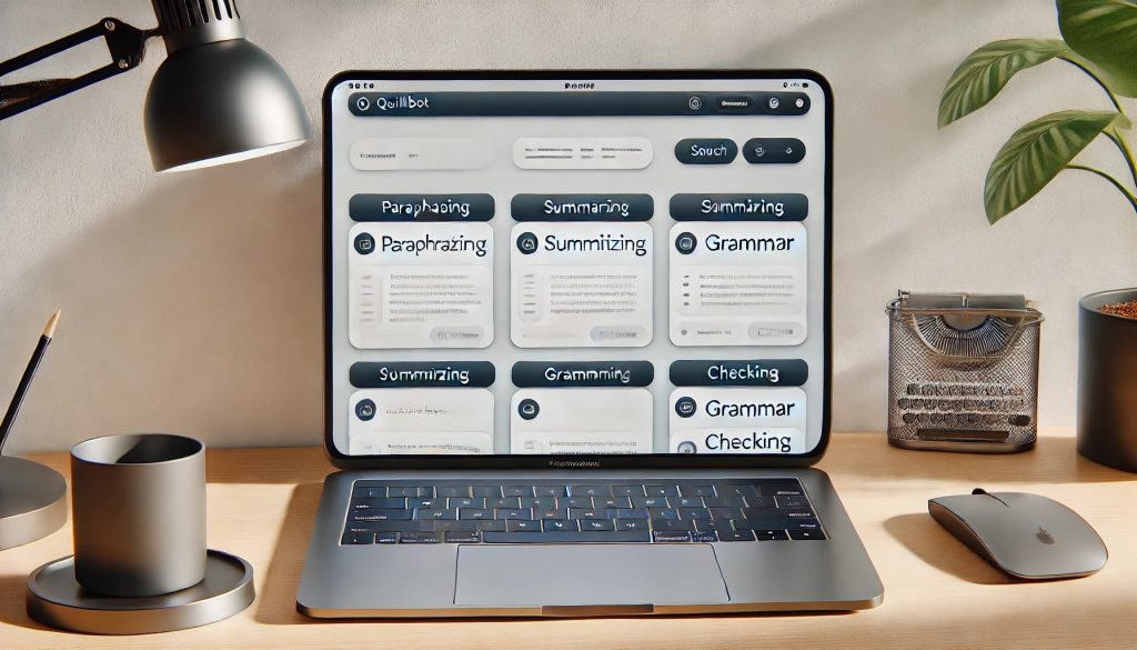 A laptop displaying a clean and modern QuillBot interface with organized sections for paraphrasing, summarizing, and grammar checking on a minimalist dashboard.