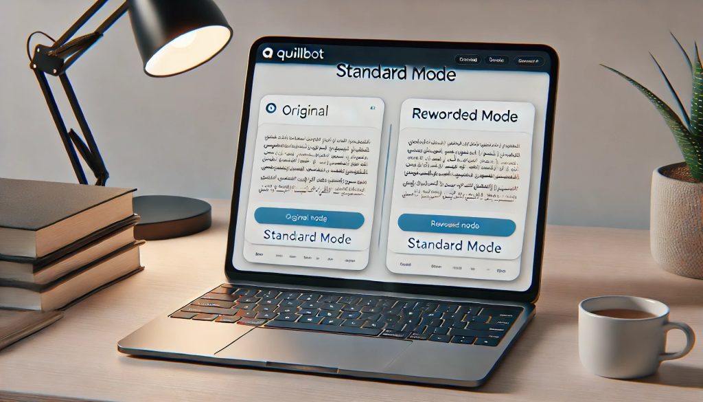 A laptop screen displaying QuillBot's paraphrasing tool in Standard mode, with the original and reworded text shown side by side.