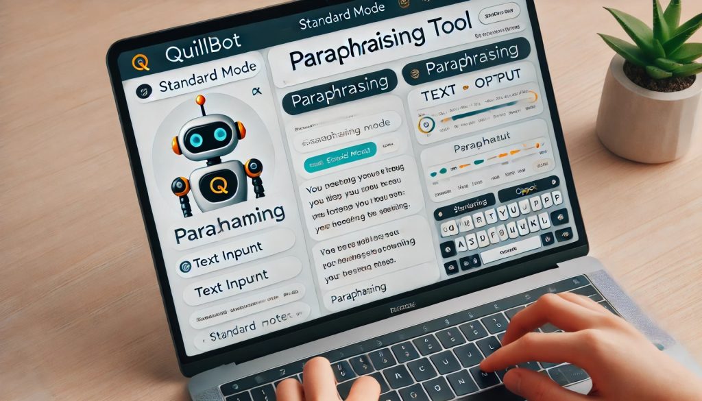 A laptop screen displaying QuillBot's interface in Standard mode, showing the user actively rewording a straightforward sentence with a clean and organized dashboard layout.