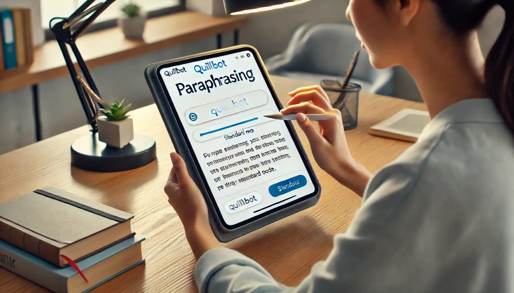 A student is using a tablet at a desk, focusing on the QuillBot paraphrasing tool displayed on the screen.