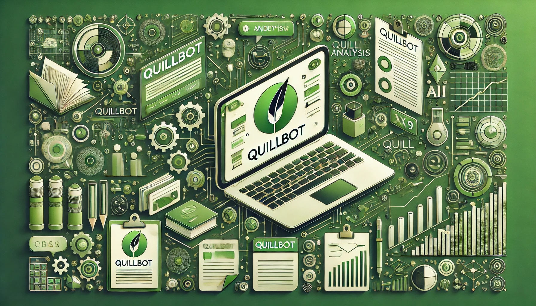 A green-themed illustration of a comprehensive review of QuillBot, featuring an open laptop with the QuillBot logo, surrounded by writing and analysis icons.