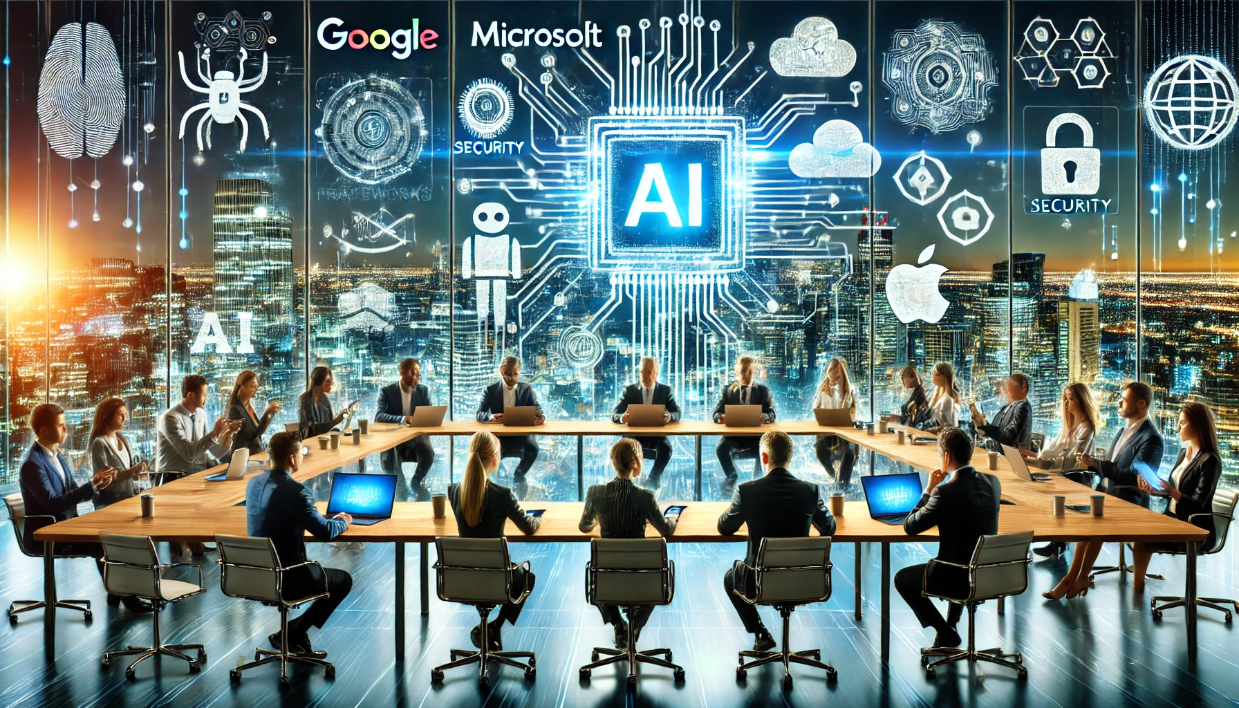 Representatives from major tech companies collaborate in a futuristic conference room, focusing on AI security standards.