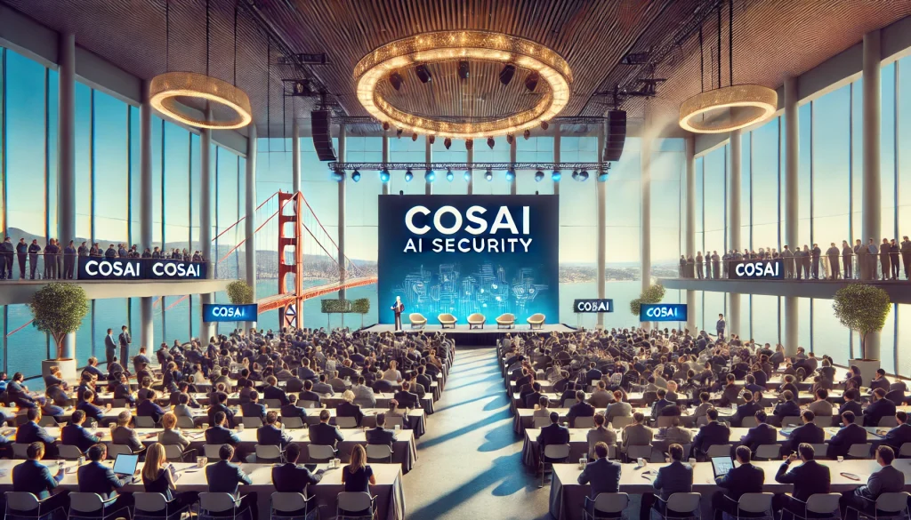 A high-profile AI summit in a modern San Francisco auditorium, featuring a keynote speaker, industry leaders, and the Golden Gate Bridge visible through large windows.