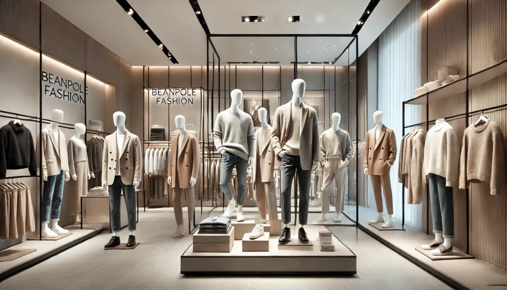 A modern and stylish Beanpole Fashion store interior showcasing mannequins dressed in the latest collection, featuring a mix of casual and formal wear with neutral tones and sleek designs.