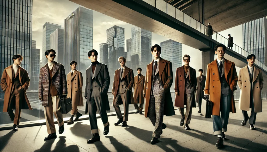 Models in contemporary outfits influenced by Beanpole styles from K-dramas, set against a modern urban cityscape, showcasing the blend of classic and modern Korean fashion.