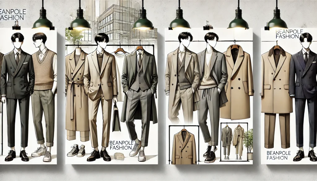 Stylish K-Drama characters wearing Beanpole Fashion, featuring tailored suits, chic trench coats, and casual wear in neutral tones, set against a modern Korean urban backdrop