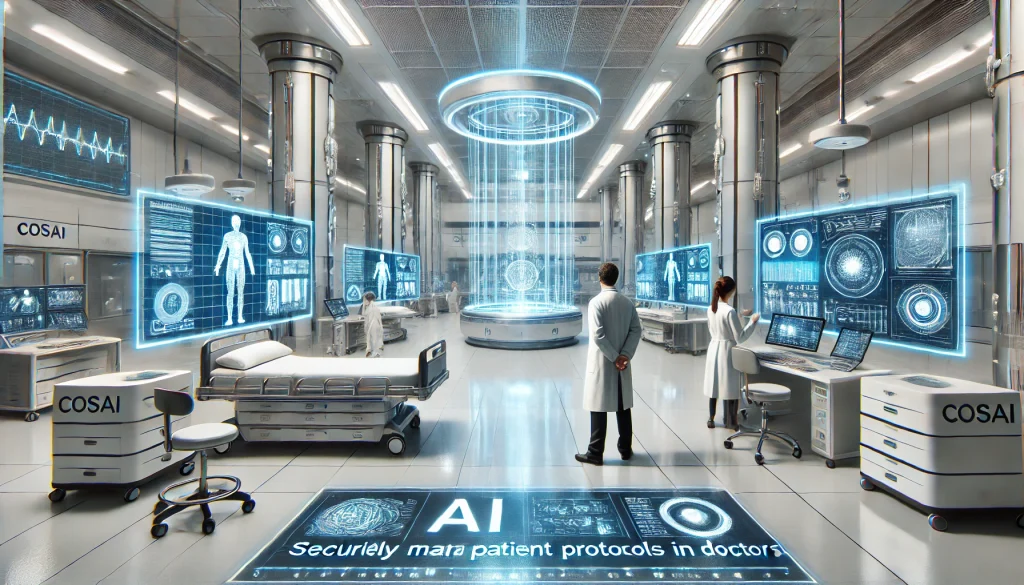 A futuristic hospital scene with AI systems managing patient data, doctors working alongside advanced medical equipment, and tech representatives from COSAI overseeing the implementation, all under bright, sterile lighting with holographic displays.