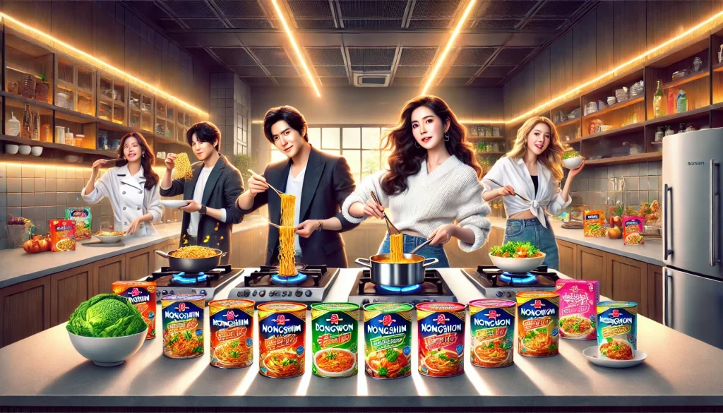 Celebrities cooking in a modern kitchen, featuring dishes made with Nongshim noodles and Dongwon F&B products, with vibrant packaging and a lively atmosphere demonstrating korean food culture.