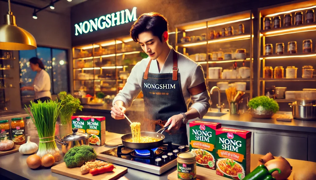 A celebrity chef cooking a dish in a professional kitchen, featuring Nongshim products prominently on the counter.