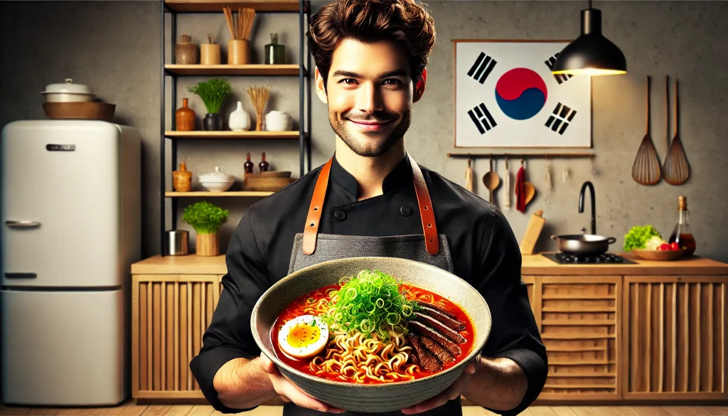 A Korean celebrity chef presenting a bowl of Shin Ramyun, filled with spicy broth, noodles, and garnished with fresh ingredients, in a modern kitchen setting.