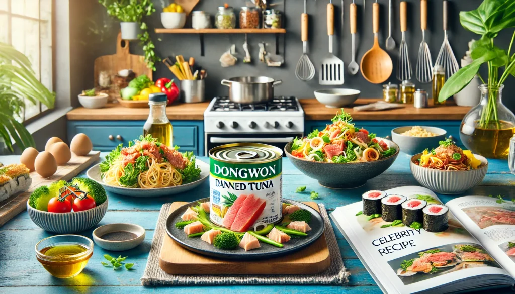 A modern kitchen scene featuring Dongwon canned tuna as the main ingredient in a variety of celebrity-inspired gourmet dishes, including tuna salad, pasta, and sushi. The atmosphere is bright and inviting, showcasing the versatility of the tuna in high-end cooking.