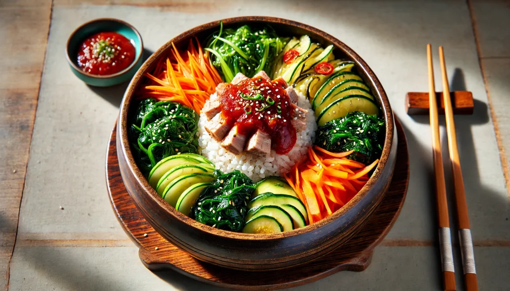 A colorful Bibimbap bowl with rice, sautéed vegetables, Dongwon Tuna, and gochujang sauce.