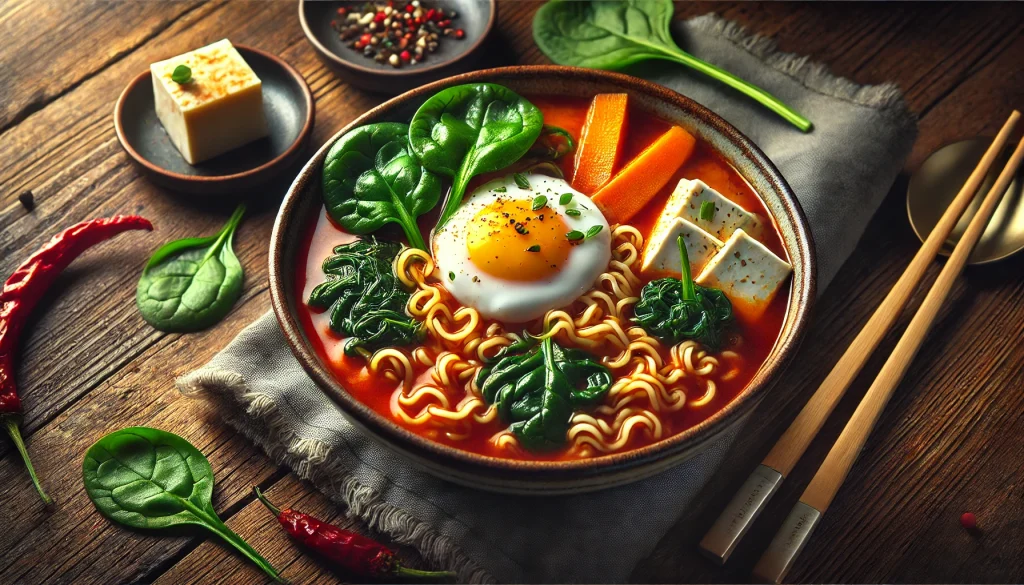 A bowl of Spicy Nongshim Noodle Soup with Shin Ramyun noodles, carrots, spinach, a poached egg, and tofu in a rich red broth, set on a rustic wooden table with chopsticks.