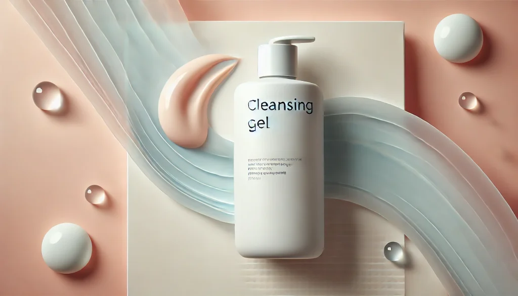 A sleek bottle of Cleansing Gel, with smooth skin and water elements, symbolizes gentle cleansing.