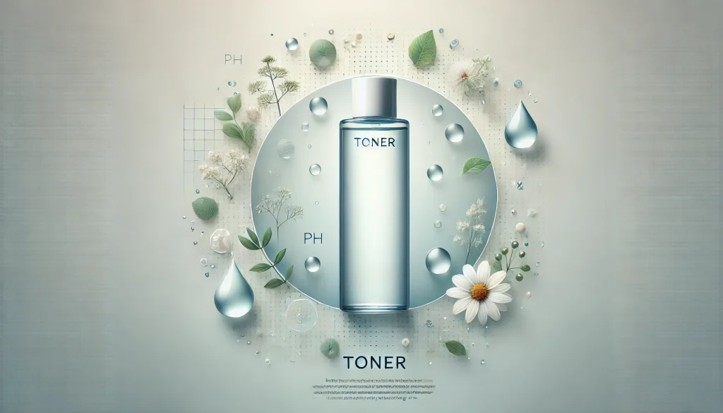 A toner bottle surrounded by water droplets and natural plant extracts, with a soothing blue and green background.