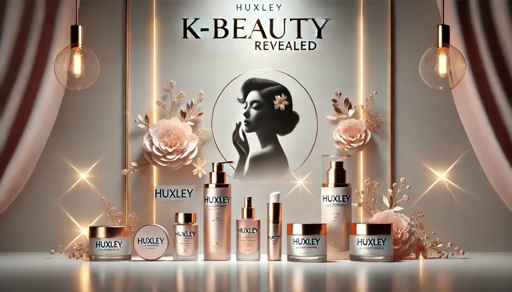 Huxley skincare products arranged elegantly with a subtle silhouette of a Korean celebrity in the background, hinting at Korean Beauty secrets.