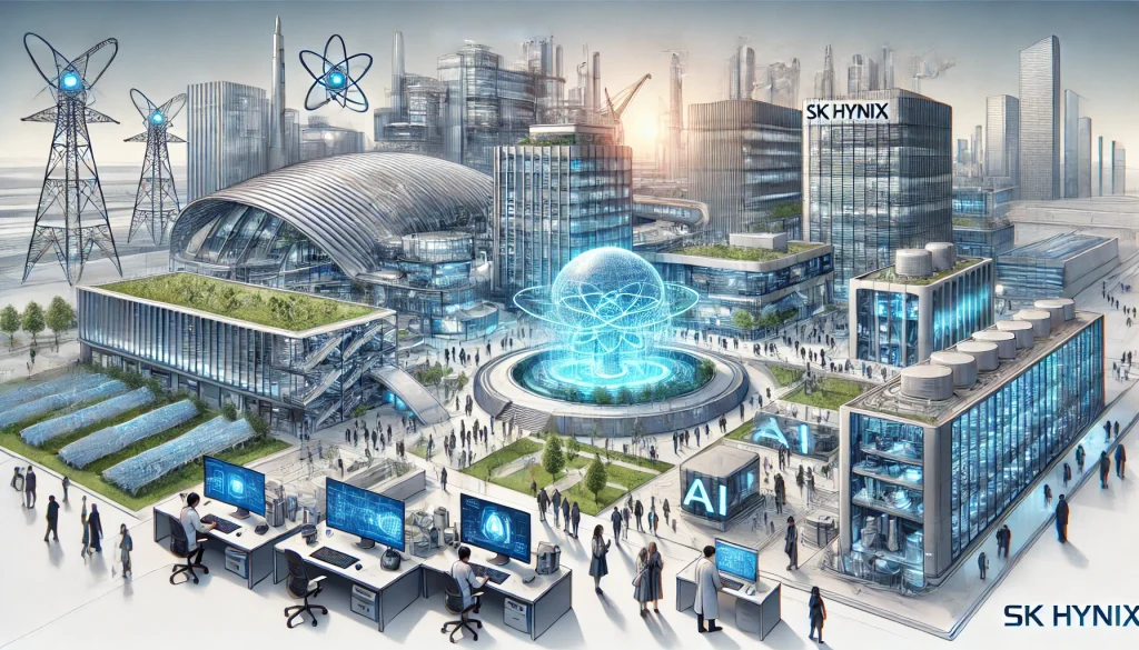 A detailed illustration of South Korea's advanced infrastructure supporting AI development, featuring modern architecture and students working on AI projects in a high-tech environment.