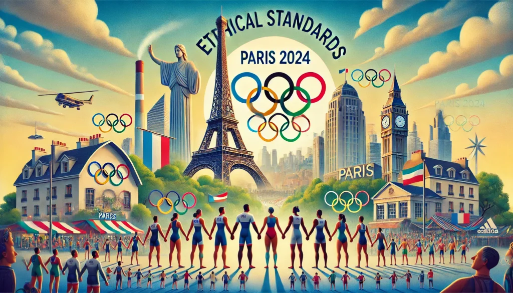 Athletes of diverse backgrounds holding hands in front of the Eiffel Tower, emphasizing ethical standards at the Paris 2024 Olympics.