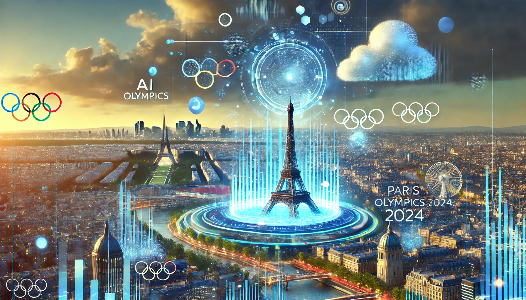 Paris Olympics 2024 with AI-driven weather forecasting visuals over a futuristic Paris skyline.