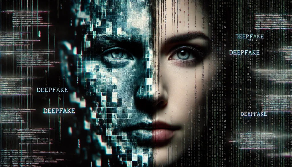 A face split between real and digital, surrounded by binary code and glitches, representing deepfake technology.