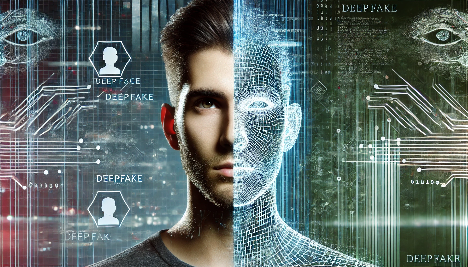 A split-faced portrait depicting deepfake technology, with one side realistic and the other digitally distorted, against a background of digital codes.