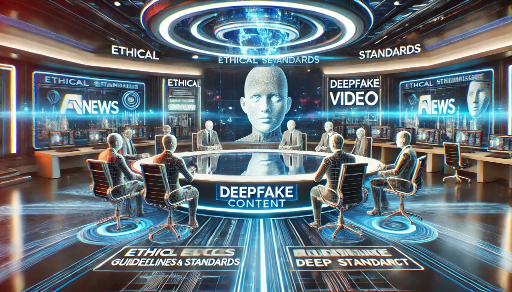 A futuristic newsroom where experts discuss AI ethics and deepfake technology, with holographic displays and vibrant lighting.