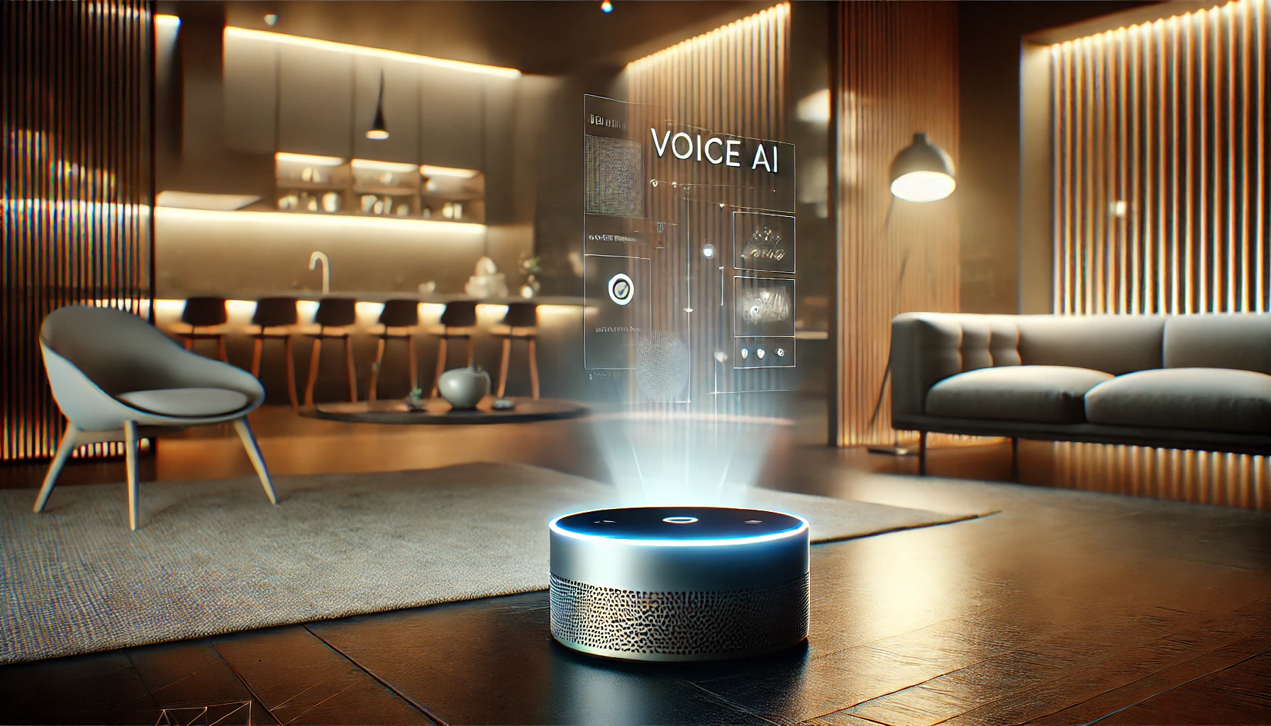 Close-up of the Revolutionary Voice AI device with a holographic interface in a modern, ambient-lit living room.