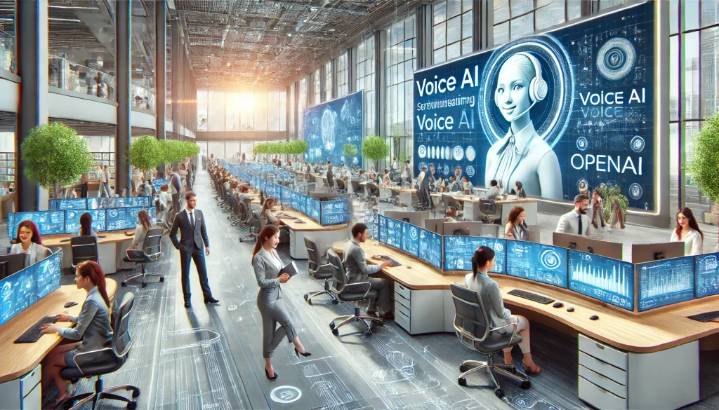 A modern customer service center with agents and AI working together, featuring holographic interfaces and a high-tech environment.